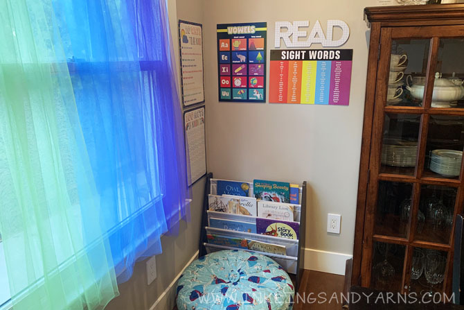 Corner reading nook in home school classroom.